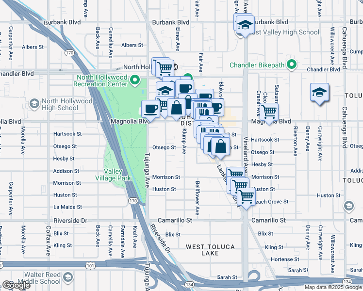 map of restaurants, bars, coffee shops, grocery stores, and more near 5066 Klump Avenue in Los Angeles