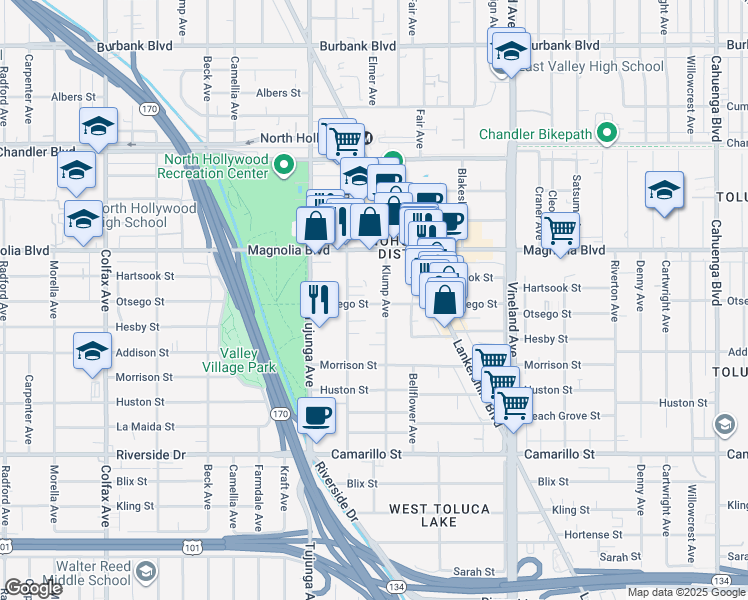 map of restaurants, bars, coffee shops, grocery stores, and more near 11241 Otsego Street in Los Angeles