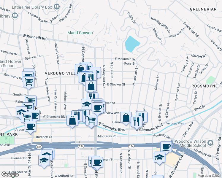 map of restaurants, bars, coffee shops, grocery stores, and more near 1142 Campbell Street in Glendale