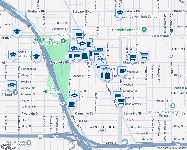 map of restaurants, bars, coffee shops, grocery stores, and more near 5066 Klump Avenue in Los Angeles