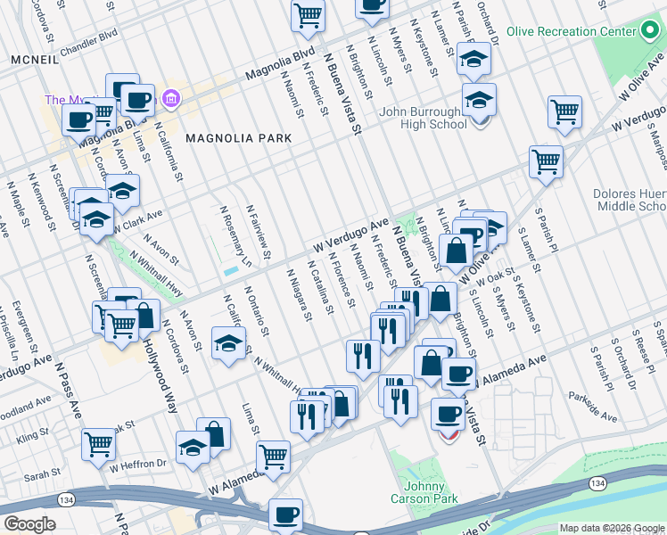 map of restaurants, bars, coffee shops, grocery stores, and more near 341 North Florence Street in Burbank