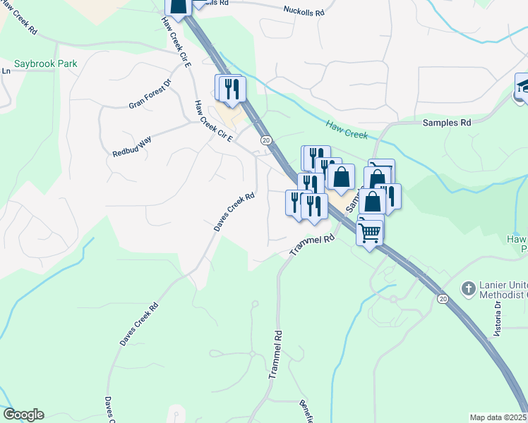 map of restaurants, bars, coffee shops, grocery stores, and more near 1675 Berryhill Road in Cumming