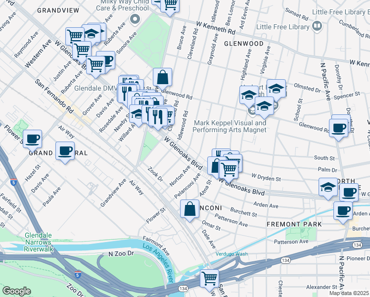 map of restaurants, bars, coffee shops, grocery stores, and more near 1103 Graynold Avenue in Glendale