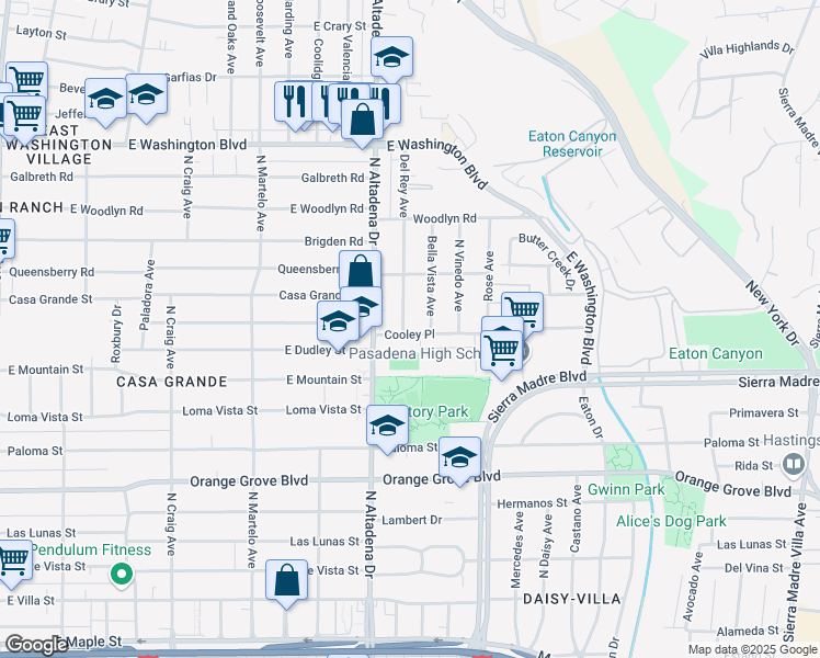 map of restaurants, bars, coffee shops, grocery stores, and more near 980 Del Rey Avenue in Pasadena