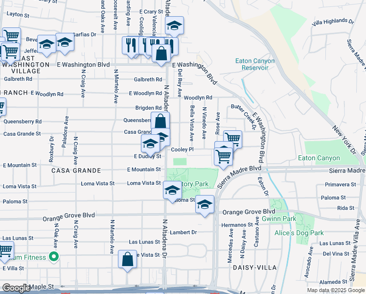 map of restaurants, bars, coffee shops, grocery stores, and more near 980 Del Rey Avenue in Pasadena