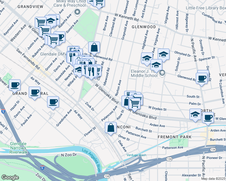map of restaurants, bars, coffee shops, grocery stores, and more near 1112 Graynold Avenue in Glendale