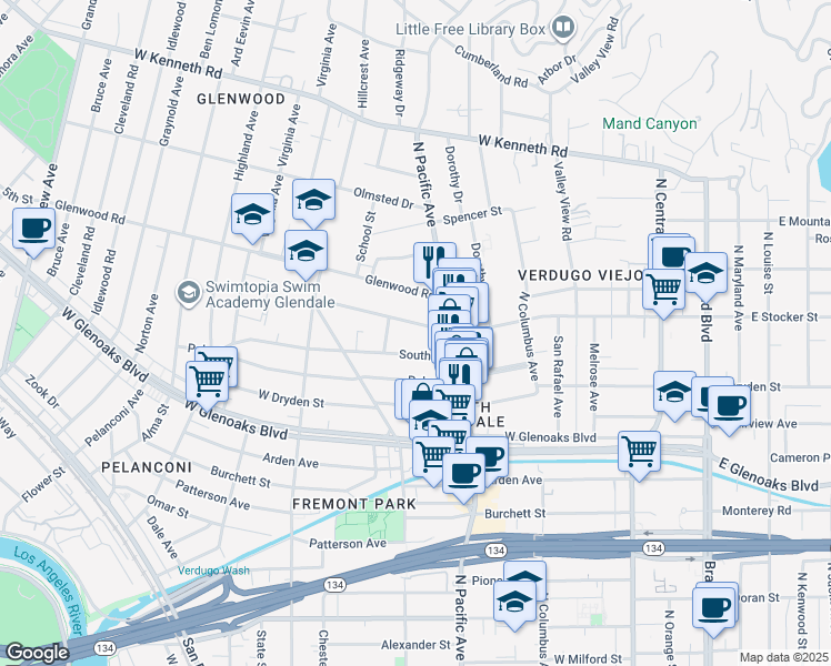 map of restaurants, bars, coffee shops, grocery stores, and more near 530 West Stocker Street in Glendale