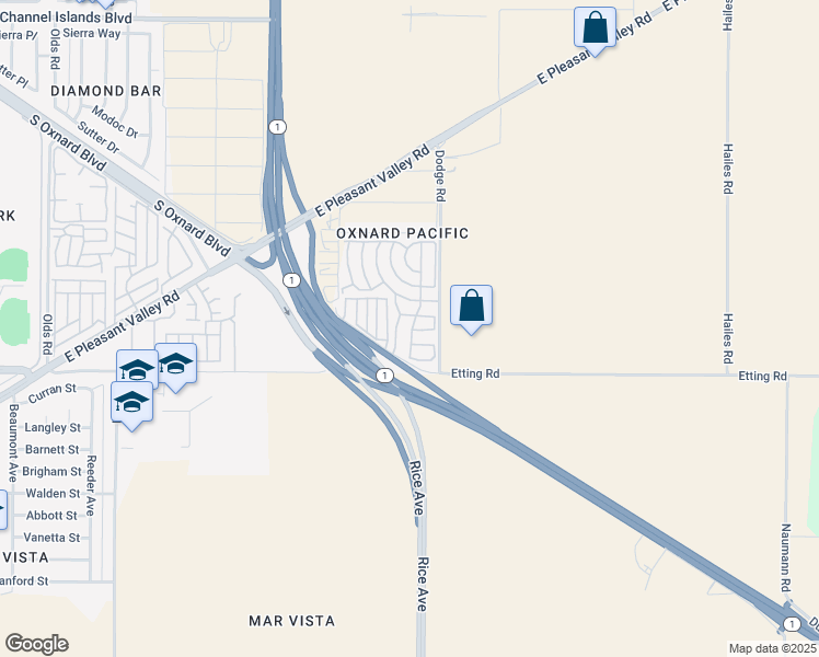 map of restaurants, bars, coffee shops, grocery stores, and more near 102 Fontana Drive in Oxnard