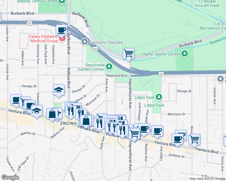 map of restaurants, bars, coffee shops, grocery stores, and more near 5038 Petit Avenue in Los Angeles