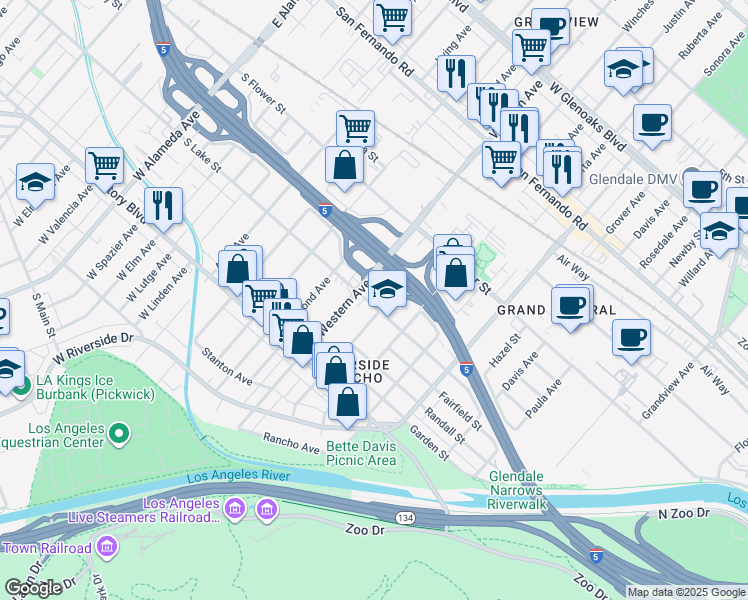 map of restaurants, bars, coffee shops, grocery stores, and more near 1645 Lake Street in Glendale