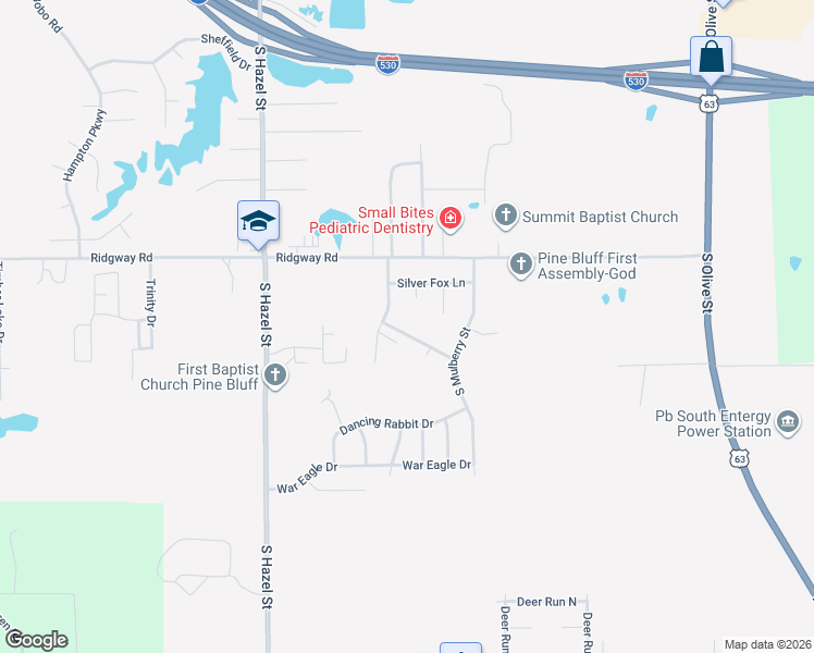 map of restaurants, bars, coffee shops, grocery stores, and more near 1502 Blackhawk Ridge Lane in Pine Bluff