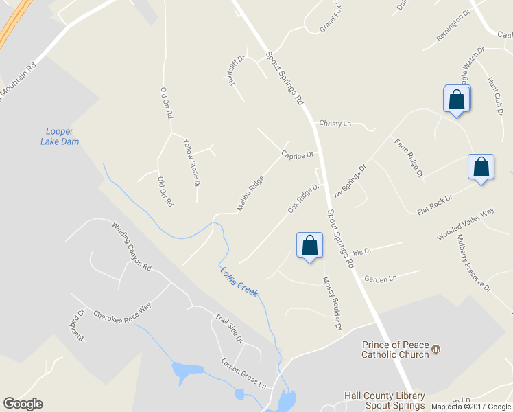 map of restaurants, bars, coffee shops, grocery stores, and more near 6251 Malibu Ridge in Flowery Branch