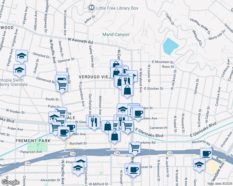 map of restaurants, bars, coffee shops, grocery stores, and more near 1149 Central Avenue in Glendale