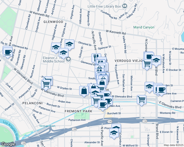 map of restaurants, bars, coffee shops, grocery stores, and more near 530 West Stocker Street in Glendale