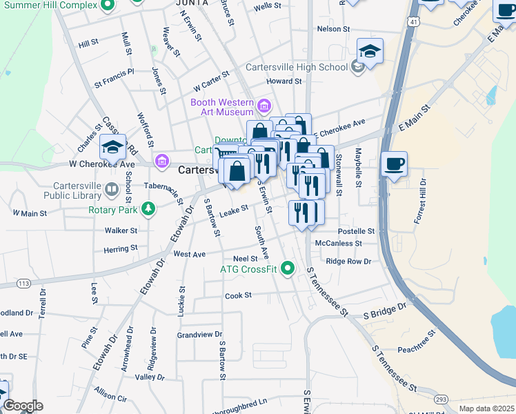 map of restaurants, bars, coffee shops, grocery stores, and more near 2 South Avenue in Cartersville