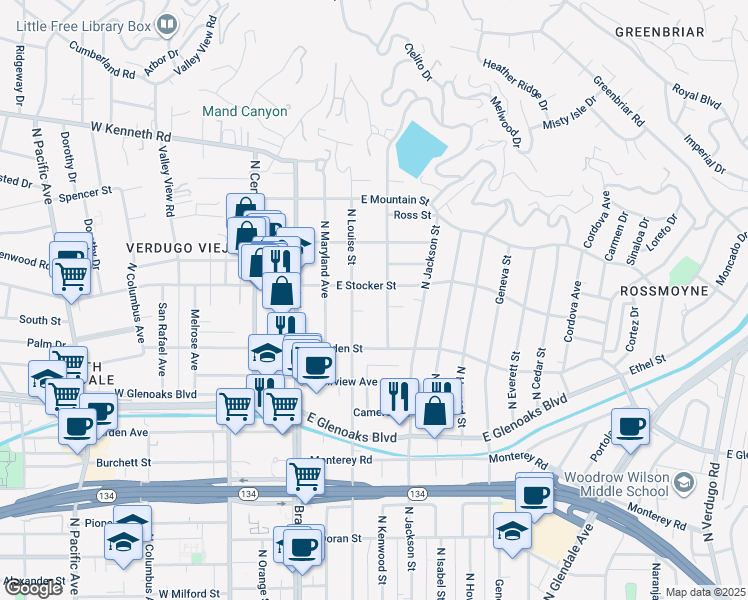 map of restaurants, bars, coffee shops, grocery stores, and more near 320 East Stocker Street in Glendale