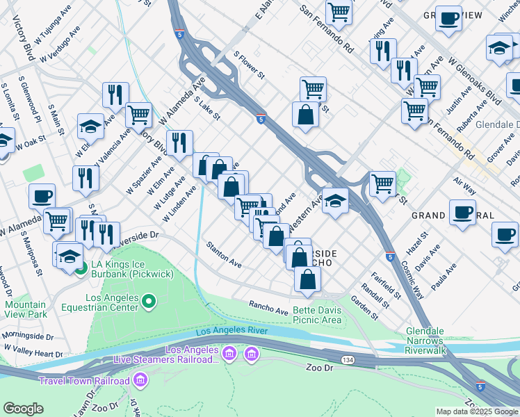 map of restaurants, bars, coffee shops, grocery stores, and more near 324 Thompson Avenue in Glendale
