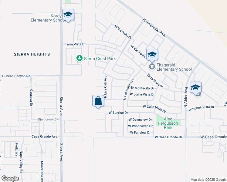 map of restaurants, bars, coffee shops, grocery stores, and more near 2768 West Buena Vista Drive in Rialto