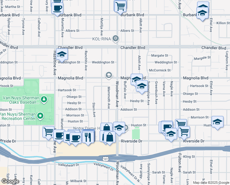 map of restaurants, bars, coffee shops, grocery stores, and more near 5030 Woodman Avenue in Los Angeles
