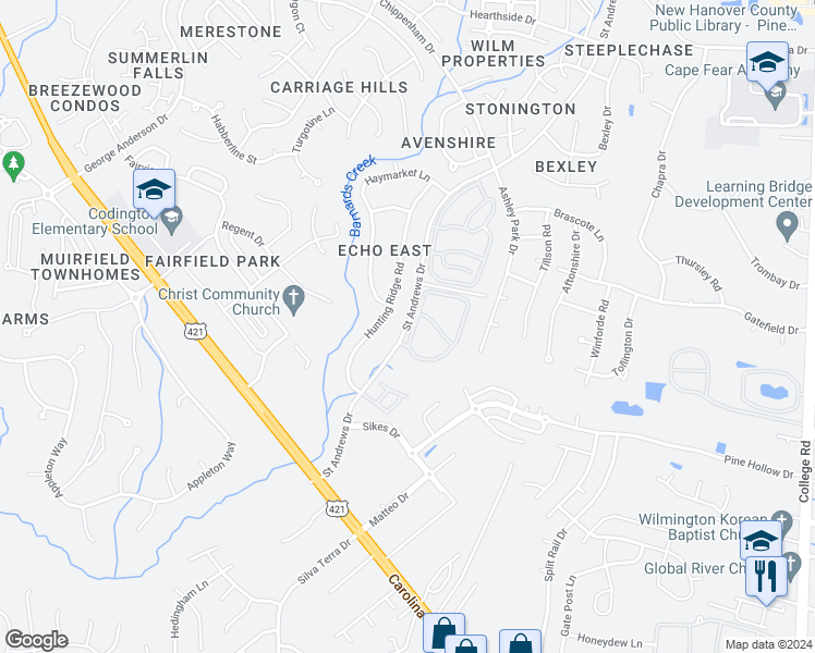 map of restaurants, bars, coffee shops, grocery stores, and more near 822 Saint Andrews Drive in Wilmington