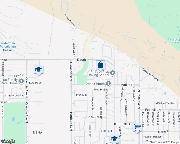 map of restaurants, bars, coffee shops, grocery stores, and more near 3926 Garden Drive in San Bernardino