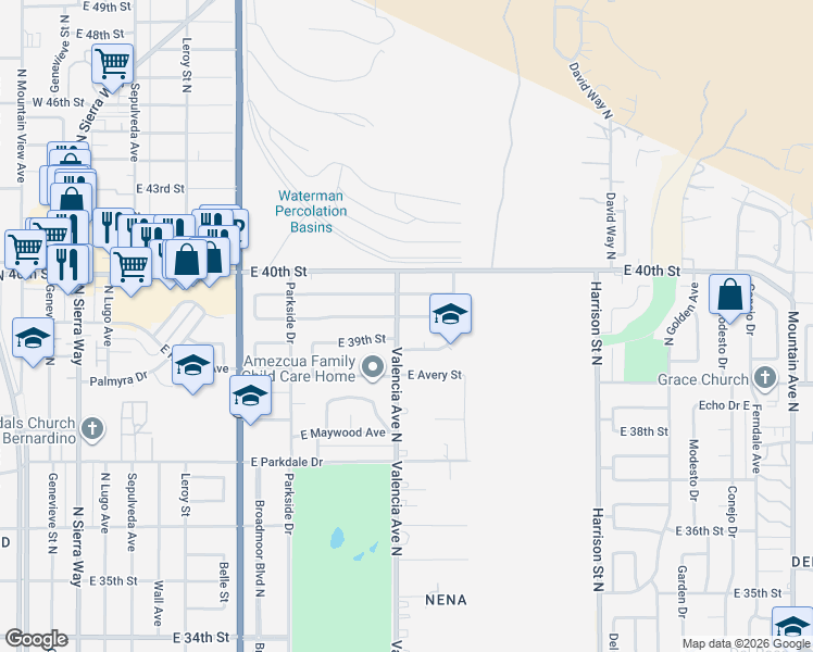 map of restaurants, bars, coffee shops, grocery stores, and more near 3904 San Gabriel Court in San Bernardino