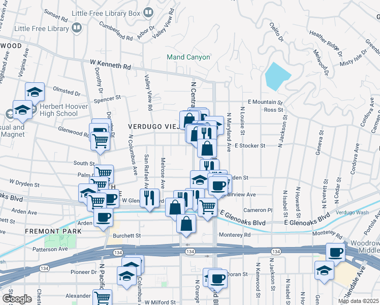 map of restaurants, bars, coffee shops, grocery stores, and more near 1137 North Central Avenue in Glendale