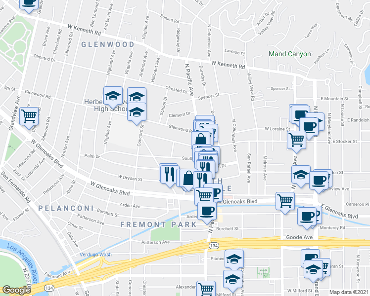 map of restaurants, bars, coffee shops, grocery stores, and more near 529 South Street in Glendale
