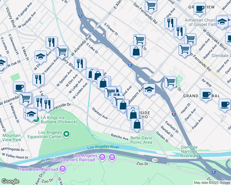 map of restaurants, bars, coffee shops, grocery stores, and more near 324 Thompson Avenue in Glendale