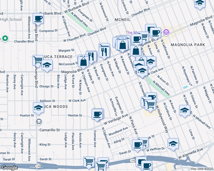 map of restaurants, bars, coffee shops, grocery stores, and more near 801 North Rose Street in Burbank