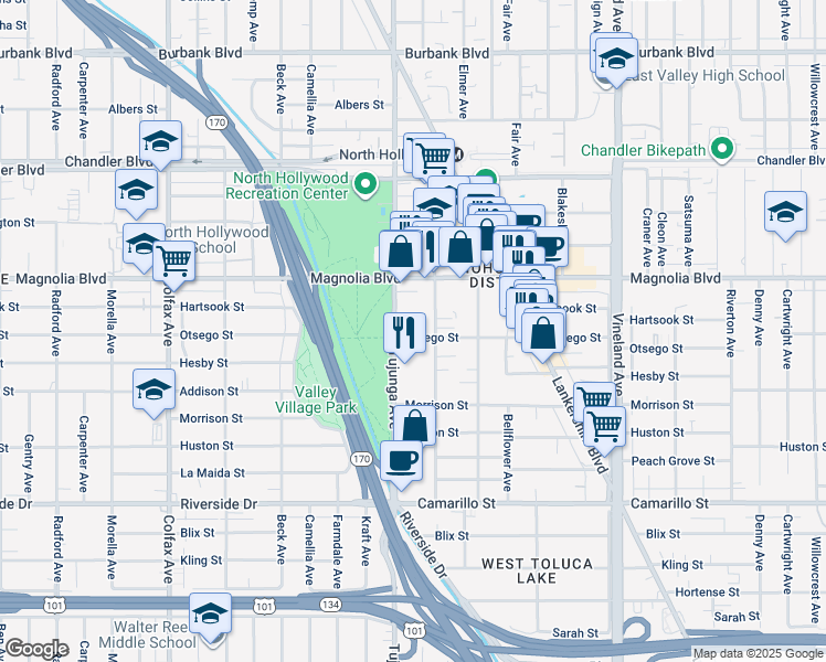 map of restaurants, bars, coffee shops, grocery stores, and more near 5056 Tujunga Avenue in Los Angeles