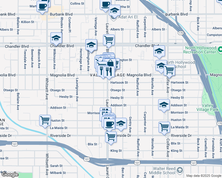 map of restaurants, bars, coffee shops, grocery stores, and more near 5047 Laurel Canyon Boulevard in Los Angeles