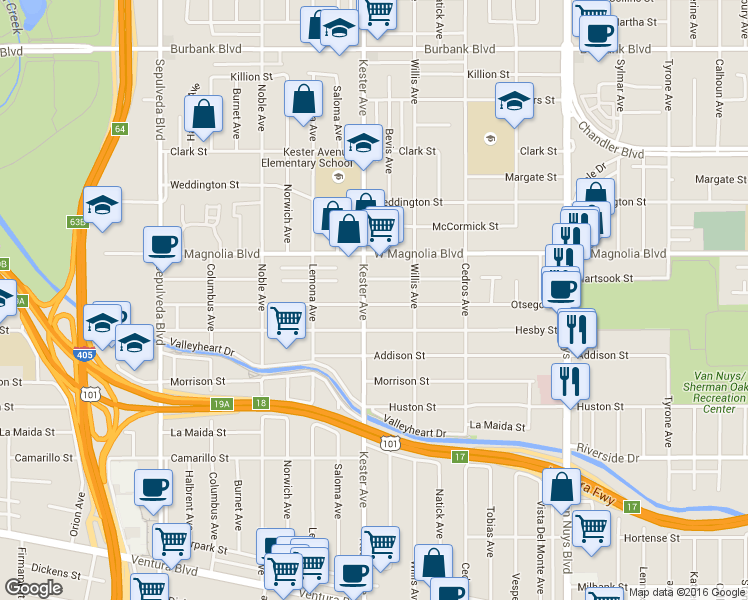 map of restaurants, bars, coffee shops, grocery stores, and more near 14833 Hesby Street in Los Angeles