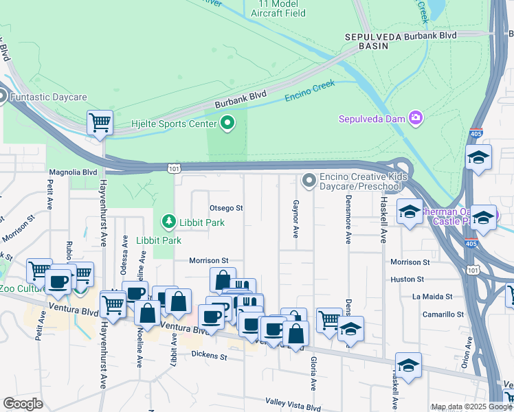 map of restaurants, bars, coffee shops, grocery stores, and more near 5108 Woodley Avenue in Los Angeles