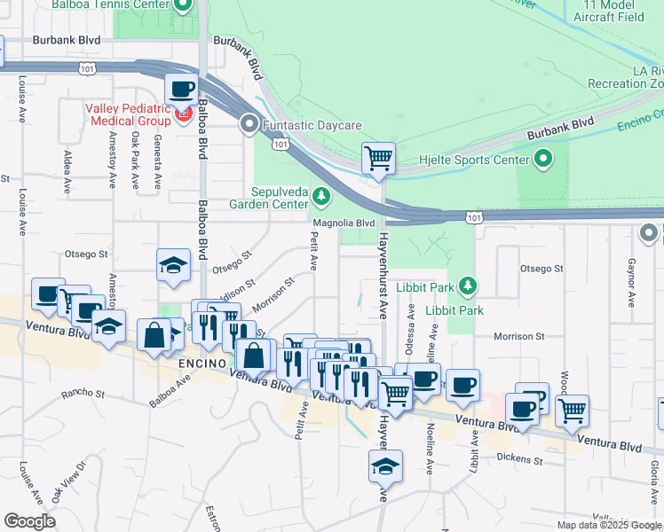 map of restaurants, bars, coffee shops, grocery stores, and more near 5038 Petit Avenue in Los Angeles