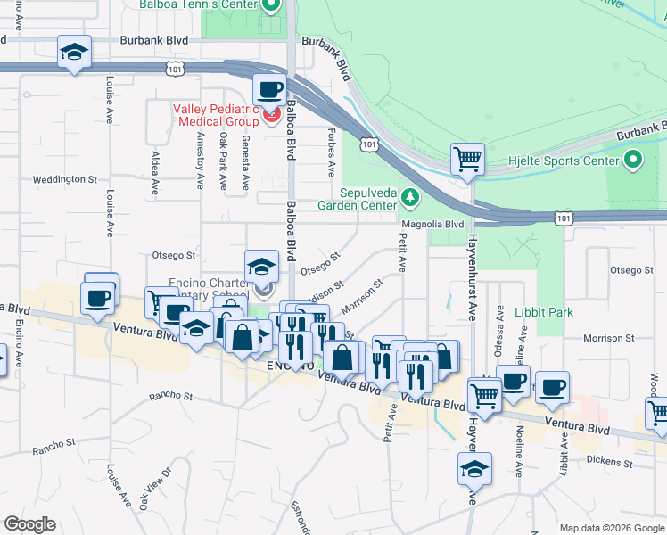 map of restaurants, bars, coffee shops, grocery stores, and more near 16764 Addison Street in Los Angeles