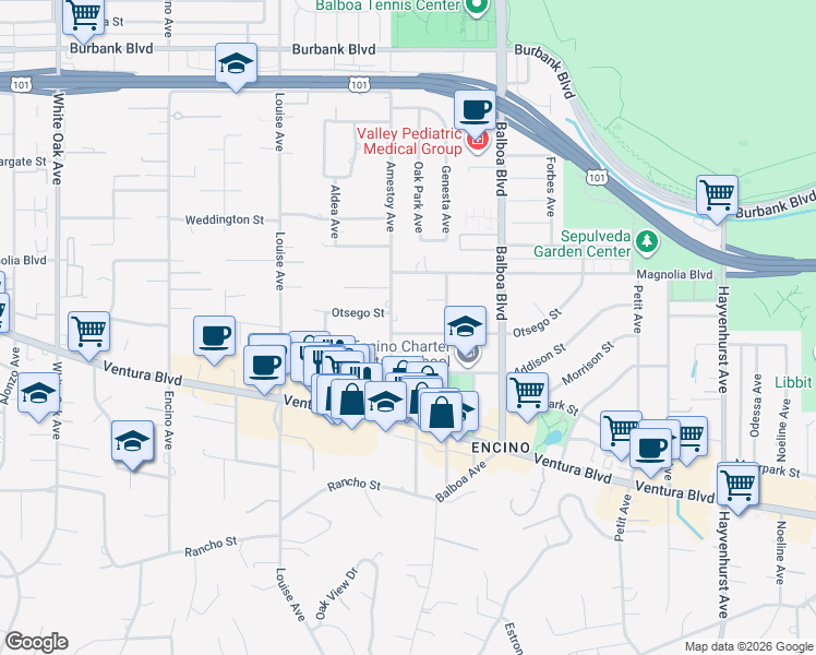 map of restaurants, bars, coffee shops, grocery stores, and more near 17039 Embassy Drive in Los Angeles