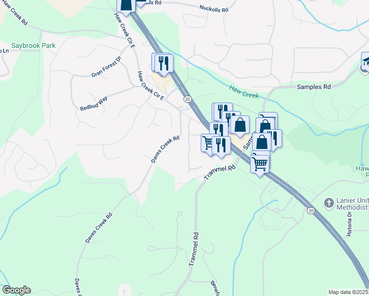 map of restaurants, bars, coffee shops, grocery stores, and more near 1650 Berryhill Road in Cumming