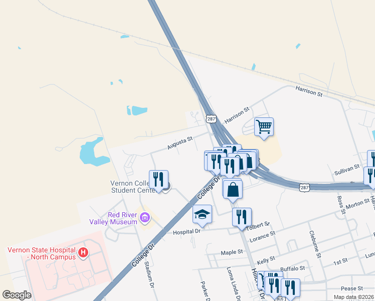 map of restaurants, bars, coffee shops, grocery stores, and more near 700 U.S. 287 in Vernon
