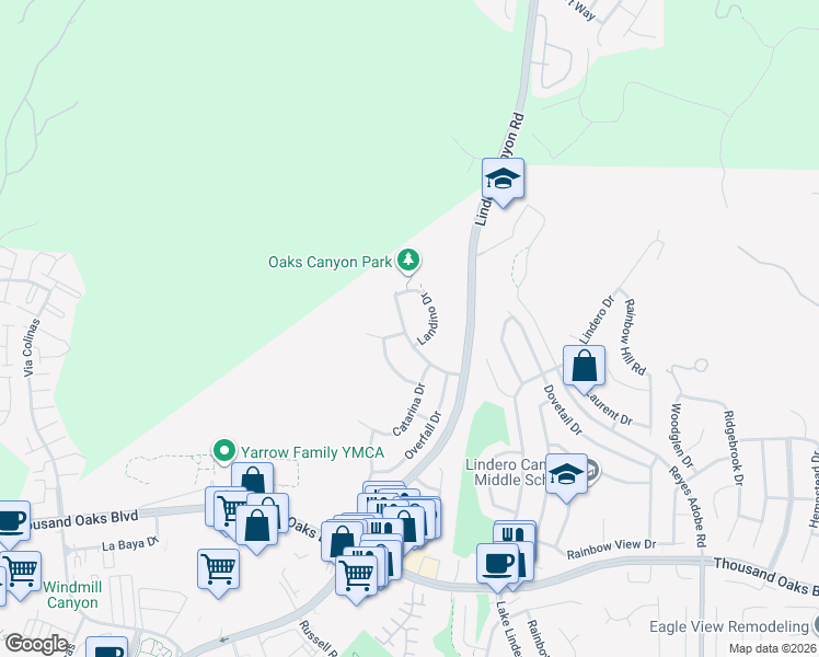 map of restaurants, bars, coffee shops, grocery stores, and more near 6120 Hedgewall Drive in Westlake Village