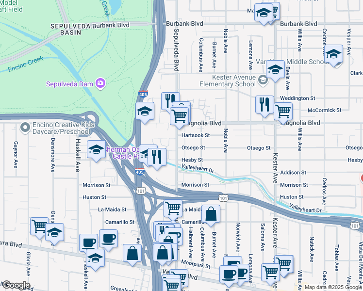 map of restaurants, bars, coffee shops, grocery stores, and more near 15237 Hesby Street in Los Angeles