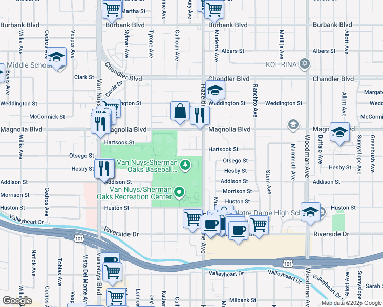 map of restaurants, bars, coffee shops, grocery stores, and more near 14126 Hartsook Street in Los Angeles