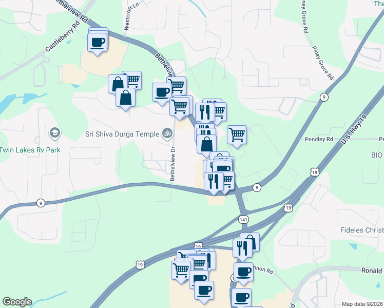 map of restaurants, bars, coffee shops, grocery stores, and more near Unnamed Road in Cumming