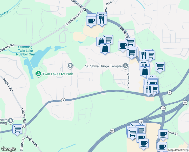 map of restaurants, bars, coffee shops, grocery stores, and more near 3235 Carrick Road in Cumming