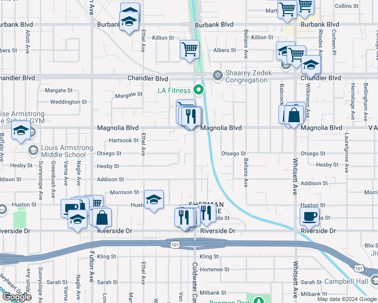 map of restaurants, bars, coffee shops, grocery stores, and more near in Los Angeles