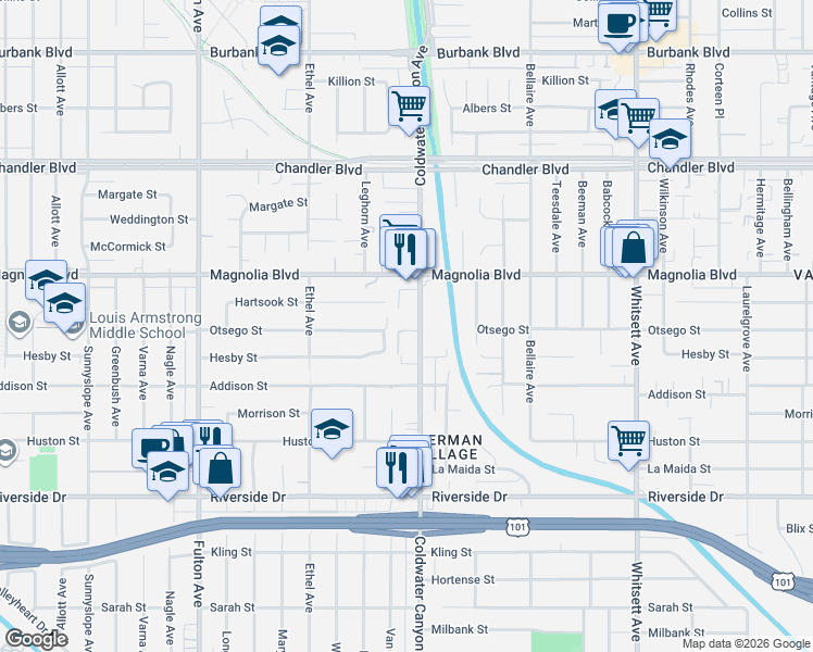 map of restaurants, bars, coffee shops, grocery stores, and more near 5107 Coldwater Canyon Avenue in Los Angeles