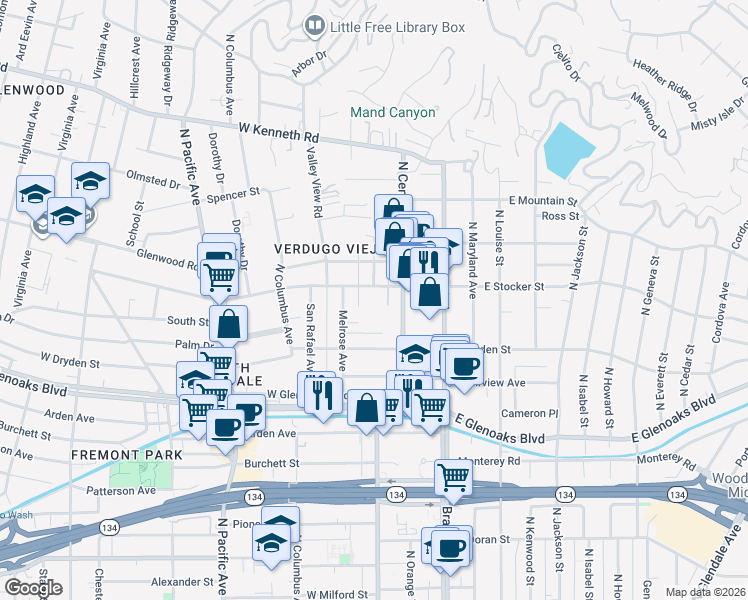 map of restaurants, bars, coffee shops, grocery stores, and more near 1137 North Central Avenue in Glendale