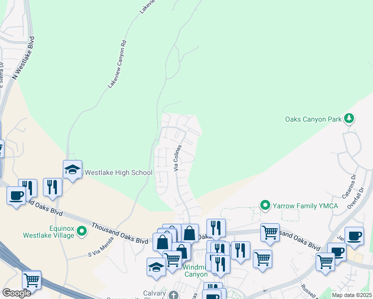 map of restaurants, bars, coffee shops, grocery stores, and more near 380 Via Colinas in Thousand Oaks