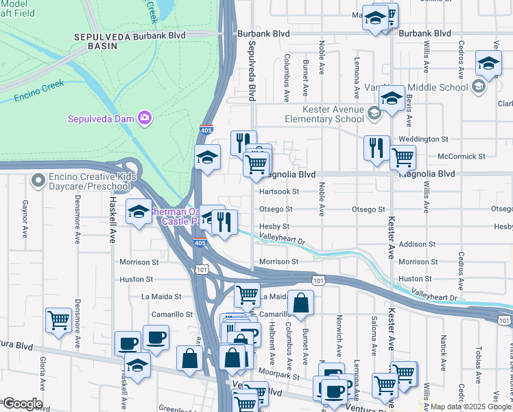map of restaurants, bars, coffee shops, grocery stores, and more near 15237 Hesby Street in Los Angeles