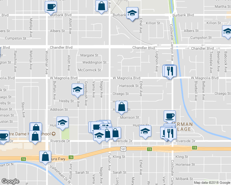 map of restaurants, bars, coffee shops, grocery stores, and more near 5103 Longridge Avenue in Los Angeles